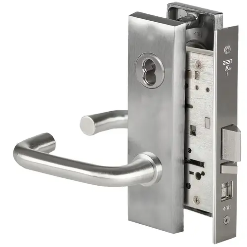 Grade 1 Office Mortise Lock, 3 Lever, M Escutcheon, SFIC Housing Less Core, Satin Stainless Steel Finish, Field Reversible Satin Stainless Steel