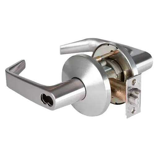 Grade 1 Dormitory Cylindrical Lock, Lost Motion, 15 Lever, L Rose, SFIC Less Core, Satin Chrome Anti-Microbial Finish, 2-3/4" ANSI Strike, Non-handed Satin Chrome Anti-Microbial