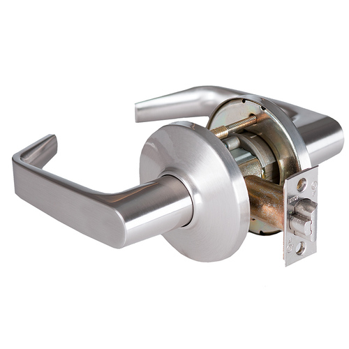 Grade 1 Patio Cylindrical Lock, Lost Motion, 15 Lever, D Rose, Non-Keyed, Satin Chrome Finish, 2-3/4" ANSI Strike, Non-handed Satin Chrome