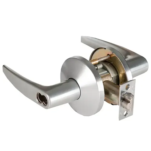 Grade 1 Store Cylindrical Lock, Lost Motion, 16 Lever, L Rose, SFIC Less Core, Satin Chrome Finish, 2-3/4" ANSI Strike, Non-handed Satin Chrome