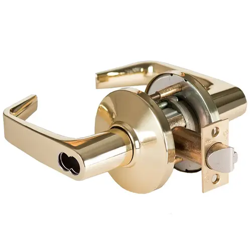 Grade 1 Office Cylindrical Lock, Lost Motion, 15 Lever, D Rose, SFIC Less Core, Bright Brass Finish, 4-7/8" ANSI Strike, Non-handed Bright Brass