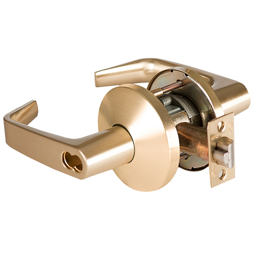 Grade 1 Storeroom Cylindrical Lock, Lost Motion, 15 Lever, L Rose, SFIC Less Core, Satin Brass Finish, 2-3/4" ANSI Strike, Non-handed Satin Brass