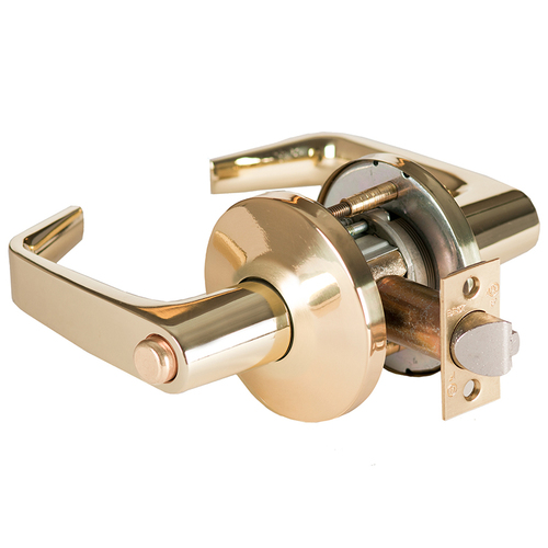 Grade 1 Privacy Cylindrical Lock, Lost Motion, 15 Lever, L Rose, Non-Keyed, Bright Brass Finish, 2-3/4" ANSI Strike, Non-handed Bright Brass