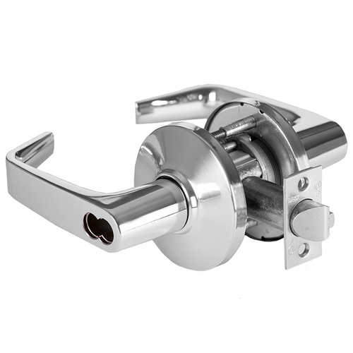 Grade 1 Intruder Cylindrical Lock, Lost Motion, 15 Lever, D Rose, SFIC Less Core, Bright Chrome Finish, 4-7/8" ANSI Strike, Non-handed Bright Chrome