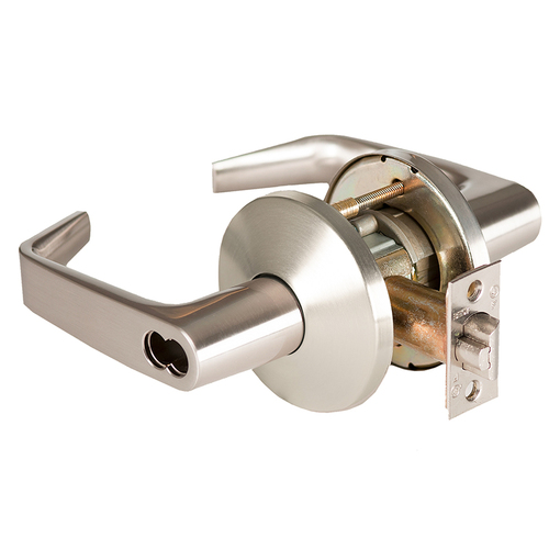 Grade 1 Service Station Cylindrical Lock, Lost Motion, 15 Lever, L Rose, SFIC Less Core, Satin Nickel Finish, 2-3/4" ANSI Strike, Non-handed Satin Nickel