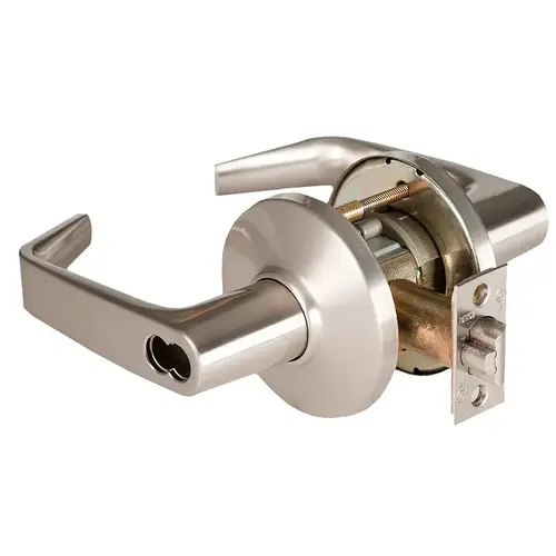 Grade 1 Store Cylindrical Lock, Lost Motion, 15 Lever, D Rose, SFIC Less Core, Satin Nickel Finish, 2-3/4" ANSI Strike, Non-handed Satin Nickel