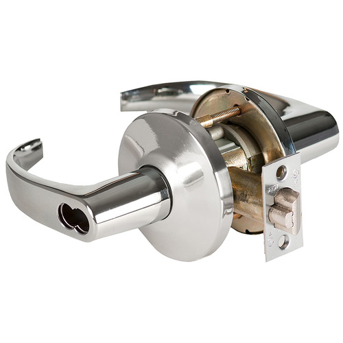 Grade 1 Special Cylindrical Lock, Lost Motion, 14 Lever, L Rose, SFIC Less Core, Bright Chrome Finish, 4-7/8" ANSI Strike, Non-handed Bright Chrome