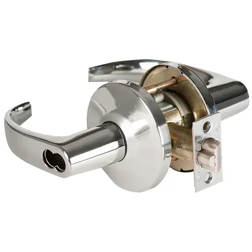 Grade 1 Apartment Cylindrical Lock, Lost Motion, 14 Lever, L Rose, SFIC Less Core, Bright Chrome Finish, 2-3/4" ANSI Strike, Non-handed Bright Chrome