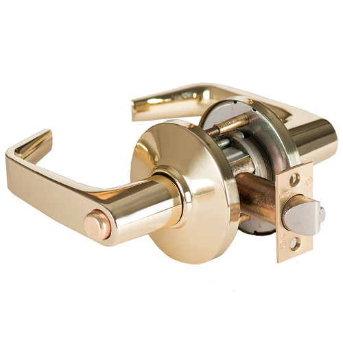 Grade 1 Privacy Cylindrical Lock, Lost Motion, 15 Lever, D Rose, Non-Keyed, Bright Brass Finish, 2-3/4" ANSI Strike, Non-handed Bright Brass