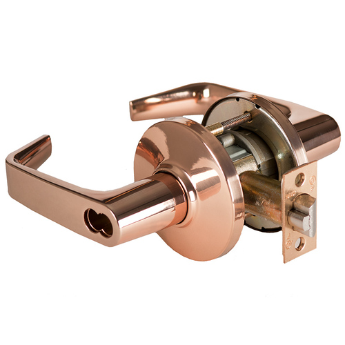 Grade 1 Office Cylindrical Lock, Lost Motion, 15 Lever, D Rose, SFIC Less Core, Bright Bronze Finish, 2-3/4" ANSI Strike, Non-handed Bright Bronze