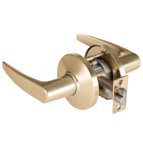 Grade 1 Patio Cylindrical Lock, Lost Motion, 16 Lever, D Rose, Non-Keyed, Satin Brass Finish, 2-3/4" ANSI Strike, Non-handed Satin Brass