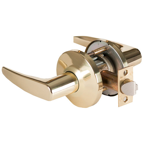 Grade 1 Patio Cylindrical Lock, Lost Motion, 16 Lever, L Rose, Non-Keyed, Bright Brass Finish, 4-7/8" ANSI Strike, Non-handed Bright Brass