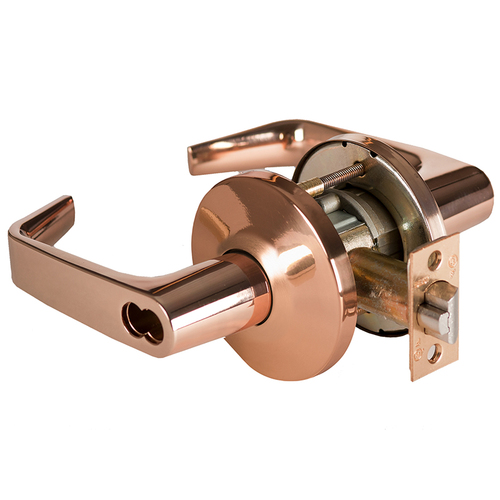 Grade 1 Entrance/Office Cylindrical Lock, Lost Motion, 15 Lever, L Rose, SFIC Less Core, Bright Bronze Finish, 2-3/4" ANSI Strike, Non-handed Bright Bronze