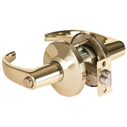 Grade 1 Hospital Privacy Cylindrical Lock, Lost Motion, 14 Lever, L Rose, Non-Keyed, Bright Brass Finish, 4-7/8" ANSI Strike, Non-handed Bright Brass