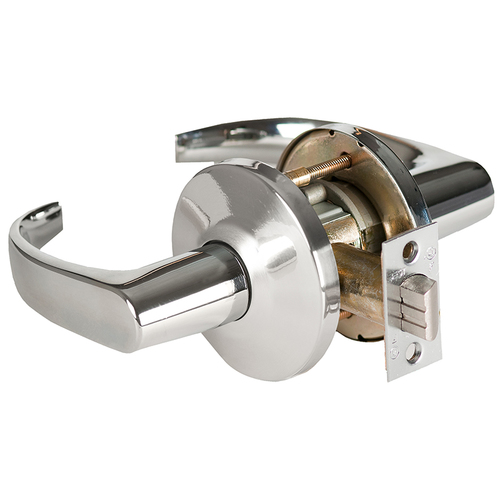 Grade 1 Exit Cylindrical Lock, Lost Motion, 14 Lever, L Rose, Non-Keyed, Bright Chrome Finish, 4-7/8" ANSI Strike, Non-handed Bright Chrome