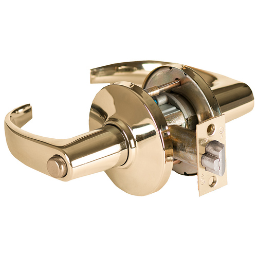 Grade 1 Hospital Privacy Cylindrical Lock, Lost Motion, 14 Lever, D Rose, Non-Keyed, Bright Brass Finish, 4-7/8" ANSI Strike, Non-handed Bright Brass