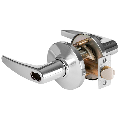 Grade 1 Service Station Cylindrical Lock, Lost Motion, 16 Lever, D Rose, SFIC Less Core, Bright Chrome Finish, 4-7/8" ANSI Strike, Non-handed Bright Chrome