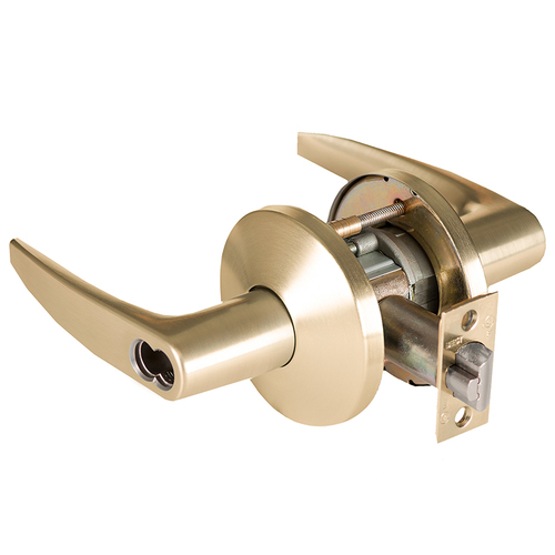 Grade 1 Communicating Cylindrical Lock, Lost Motion, 16 Lever, L Rose, SFIC Less Core, Satin Brass Finish, 4-7/8" ANSI Strike, Non-handed Satin Brass