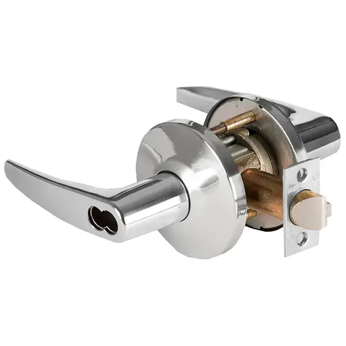 Grade 1 Storeroom Cylindrical Lock, Lost Motion, 16 Lever, L Rose, SFIC Less Core, Bright Chrome Finish, 2-3/4" ANSI Strike, Non-handed Bright Chrome