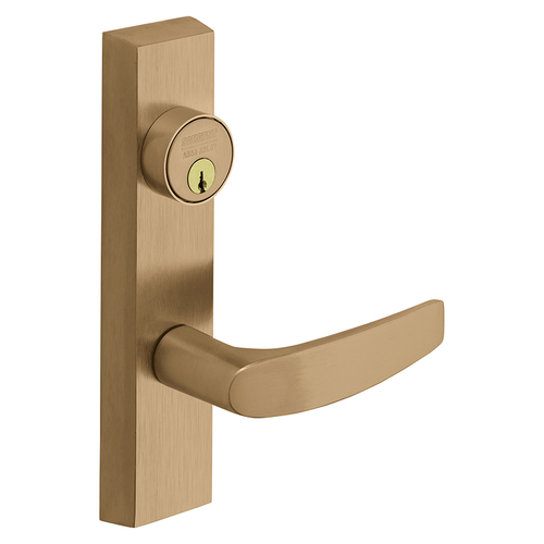 Grade 1 Exit Device Trim, Classroom Function, Freewheeling Trim, Key Outside Unlocks/Locks Trim, For Surface Vertical Rod and Mortise (8700, 8900 Series) Devices, 1-1/8 In. Mortise Cylinder, B Lever, RHR, Satin Bronze Clear Coated Satin Bronze Clear Coated