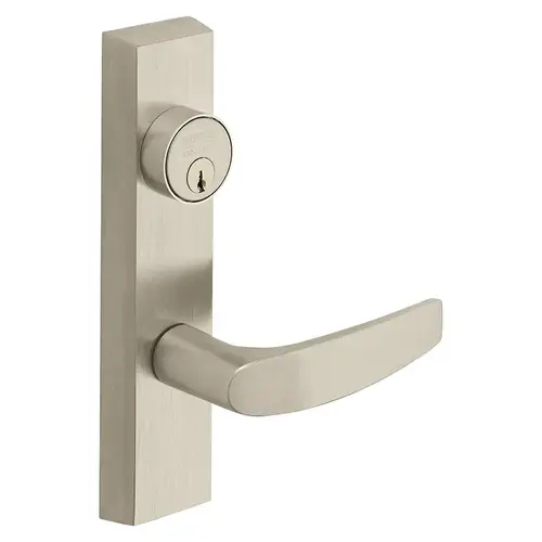 Grade 1 Exit Device Trim, Storeroom Function, Freewheeling Trim, Key Unlocks Trim, Trim Retracts Latch, Trim Relocks when Key is Removed, For Surface Vertical Rod and Mortise (8700, 8900 Series) Devices, 1-1/8 In. Mortise Cylinder, B Lever, RHR, Satin Nickel Plated Clear Coated Satin Nickel Plated Clear Coated