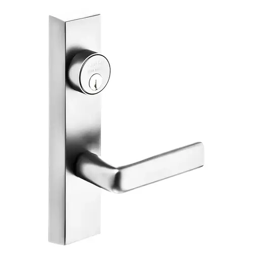 Grade 1 Exit Device Trim, Classroom Security Function, Key Outside Retracts Latch, Key Inside Unlocks/Locks Outside Trim, For Surface Vertical Rod and Mortise (8700, 8900 Series) Devices, Rim Cylinder Inside, 1-1/2 In. Mortise Cylinder Outside, E Lever, RHR, Bright Nickel Plated Clear Coated Bright Nickel Plated Clear Coated