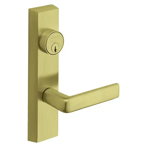 Grade 1 Exit Device Trim, Classroom Function, Freewheeling Trim, Key Outside Unlocks/Locks Trim, For Surface Vertical Rod and Mortise (8700, 8900 Series) Devices, 1-1/8 In. Mortise Cylinder, E Lever, LHR, Satin Brass Satin Brass