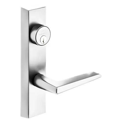 Grade 1 Exit Device Trim, Storeroom Function, Freewheeling Trim, Key Unlocks Trim, Trim Retracts Latch, Trim Relocks when Key is Removed, For Surface Vertical Rod and Mortise (8700, 8900 Series) Devices, 1-1/8 In. Mortise Cylinder, F Lever, LHR, Bright Chrome Bright Chrome