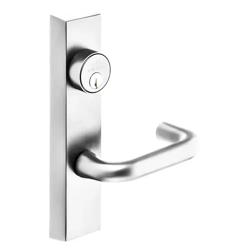 Grade 1 Exit Device Trim, Storeroom Function, Freewheeling Trim, Key Unlocks Trim, Trim Retracts Latch, Trim Relocks when Key is Removed, For Rim (8800) and NB8700 Series Devices, 1-1/8 In. Mortise Cylinder, J Lever, RHR, Bright Chrome Bright Chrome