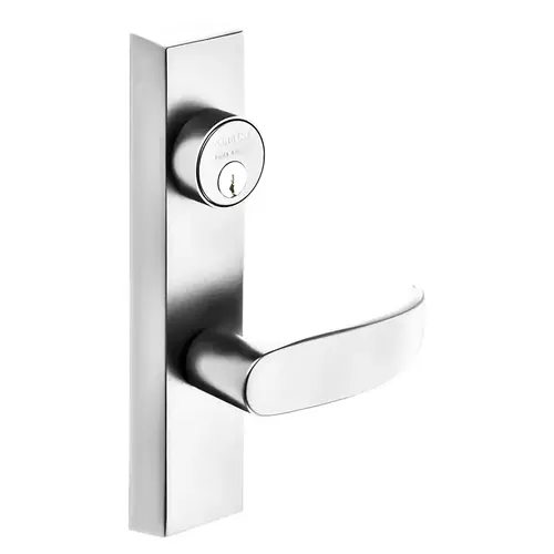 Grade 1 Electrified Exit Device Trim, Fail Safe, Power Off, Unlocks Lever, Key Retracts Latch, For Surface Vertical Rod and Mortise (8700, 8900 Series) Devices, 1-3/4 In. Mortise Cylinder, P Lever, 24V, RHR, Bright Nickel Plated Clear Coated Bright Nickel Plated Clear Coated