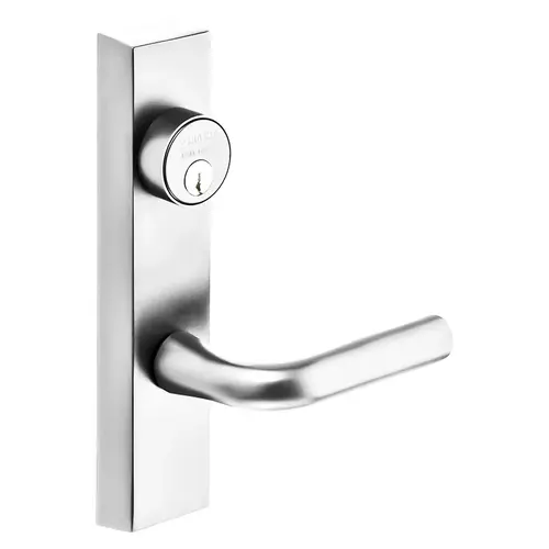 Grade 1 Exit Device Trim, Storeroom Function, Freewheeling Trim, Key Unlocks Trim, Trim Retracts Latch, Trim Relocks when Key is Removed, For Surface Vertical Rod and Mortise (8700, 8900 Series) Devices, 1-1/8 In. Mortise Cylinder, W Lever, LHR, Bright Nickel Plated Clear Coated Bright Nickel Plated Clear Coated