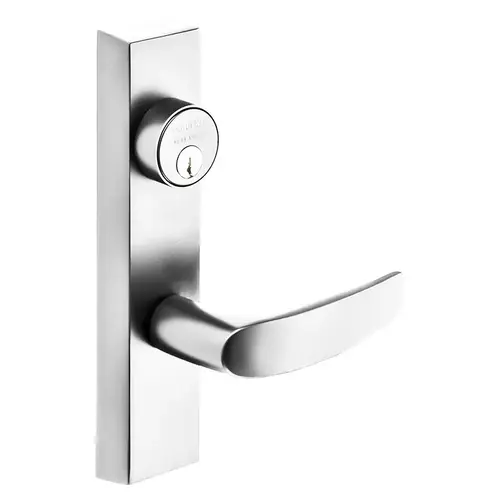 Grade 1 Electrified Exit Device Trim, Fail Safe, Power Off, Unlocks Lever, Key Retracts Latch, For Surface Vertical Rod and Mortise (8700, 8900 Series) Devices, 1-3/4 In. Mortise Cylinder, B Lever, 24V, RHR, Bright Nickel Plated Clear Coated Bright Nickel Plated Clear Coated