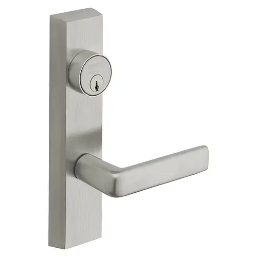 Grade 1 Exit Device Trim, Storeroom Function, Freewheeling Trim, Key Unlocks Trim, Trim Retracts Latch, Trim Relocks when Key is Removed, For Rim (8800) and NB8700 Series Devices, 1-1/8 In. Mortise Cylinder, E Lever, RHR, Satin Chrome Satin Chrome