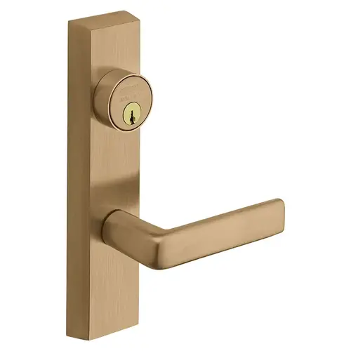 Grade 1 Exit Device Trim, Storeroom Function, Freewheeling Trim, Key Unlocks Trim, Trim Retracts Latch, Trim Relocks when Key is Removed, For Surface Vertical Rod and Mortise (8700, 8900 Series) Devices, 1-1/8 In. Mortise Cylinder, E Lever, RHR, Satin Bronze Clear Coated Satin Bronze Clear Coated