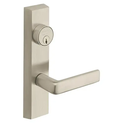 Grade 1 Exit Device Trim, Storeroom Function, Freewheeling Trim, Key Unlocks Trim, Trim Retracts Latch, Trim Relocks when Key is Removed, For Rim (8800) and NB8700 Series Devices, 1-1/8 In. Mortise Cylinder, E Lever, LHR, Satin Nickel Plated Clear Coated Satin Nickel Plated Clear Coated