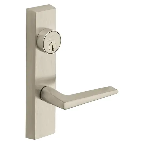 Grade 1 Exit Device Trim, Classroom Function, Freewheeling Trim, Key Outside Unlocks/Locks Trim, For Surface Vertical Rod and Mortise (8700, 8900 Series) Devices, 1-1/8 In. Mortise Cylinder, F Lever, RHR, Satin Nickel Plated Clear Coated Satin Nickel Plated Clear Coated