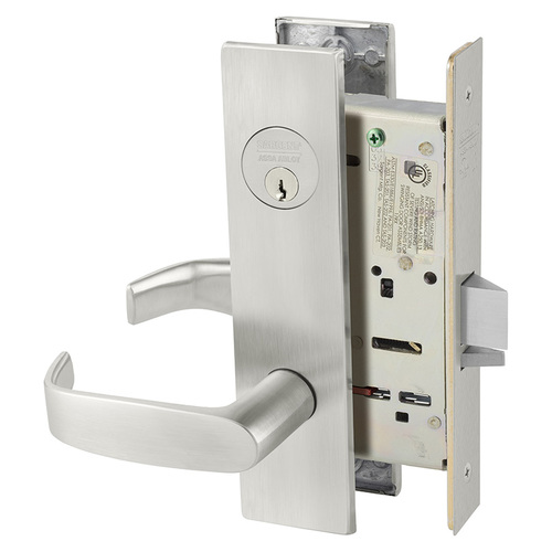 Classroom Mortise Lock with L Lever and LW1 Escutcheon with LA Keyway Satin Stainless Steel Finish