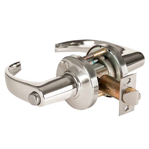 Grade 1 Privacy Cylindrical Lock, Lost Motion, 14 Lever, C Rose, Non-Keyed, Bright Nickel Finish, 2-3/4" ANSI Strike, Non-handed Bright Nickel