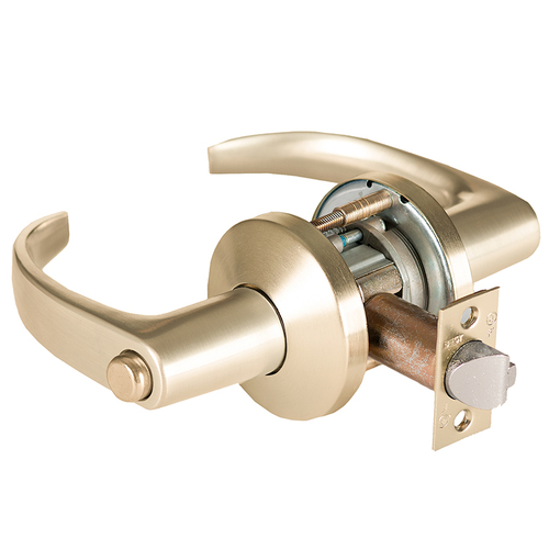 Grade 1 Privacy Cylindrical Lock, Lost Motion, 14 Lever, K Rose, Non-Keyed, Satin Brass Finish, 4-7/8" ANSI Strike, Non-handed Satin Brass