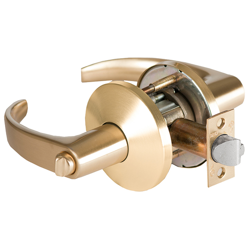 Grade 1 Communicating Cylindrical Lock, Lost Motion, 14 Lever, L Rose, Non-Keyed, Satin Brass Finish, 4-7/8" ANSI Strike, Non-handed Satin Brass