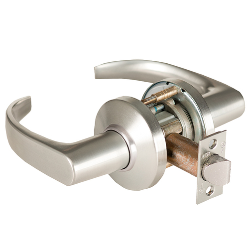 Grade 1 Patio Cylindrical Lock, Lost Motion, 14 Lever, C Rose, Non-Keyed, Satin Nickel Finish, 2-3/4" ANSI Strike, Non-handed Satin Nickel