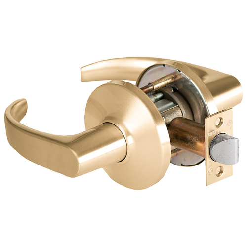 Grade 1 Passage Cylindrical Lock, Lost Motion, 14 Lever, D Rose, Non-Keyed, Satin Brass Finish, 2-3/4" ANSI Strike, Non-handed Satin Brass