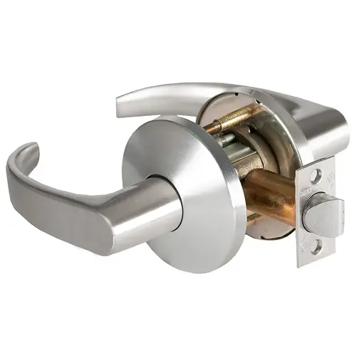 Grade 1 Exit Cylindrical Lock, Lost Motion, 14 Lever, L Rose, Non-Keyed, Satin Chrome Anti-Microbial Finish, 2-3/4" ANSI Strike, Non-handed Satin Chrome Anti-Microbial