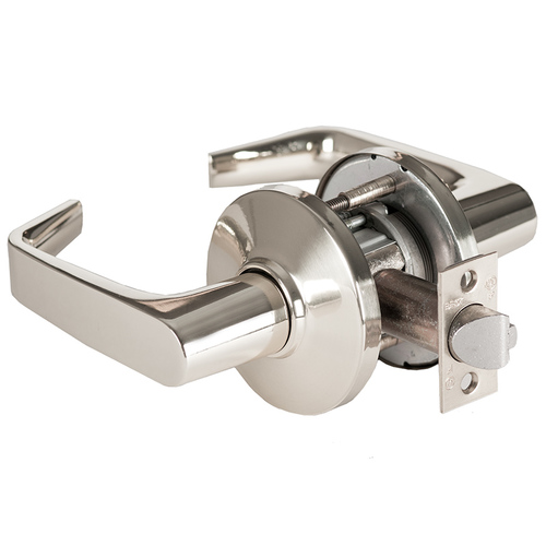 Grade 1 Patio Cylindrical Lock, Lost Motion, 15 Lever, D Rose, Non-Keyed, Bright Nickel Finish, 4-7/8" ANSI Strike, Non-handed Bright Nickel