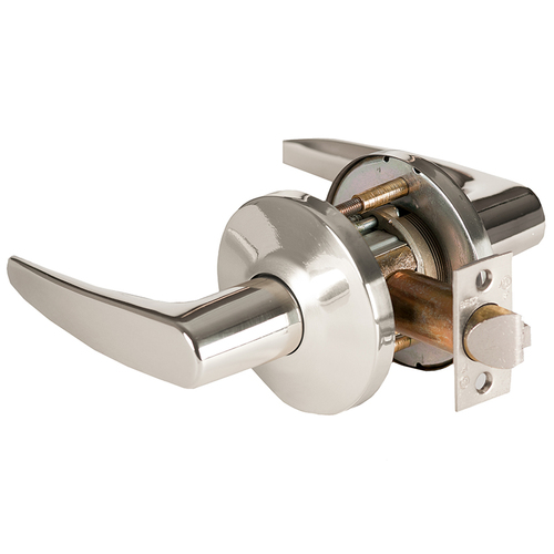 Grade 1 Patio Cylindrical Lock, Lost Motion, 16 Lever, L Rose, Non-Keyed, Bright Nickel Finish, 2-3/4" ANSI Strike, Non-handed Bright Nickel