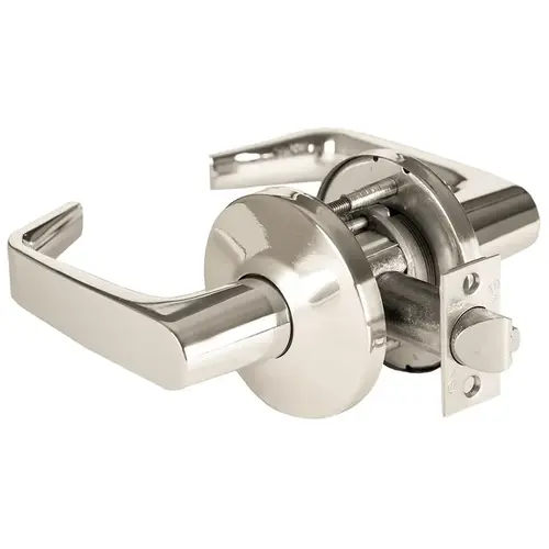 Grade 1 Exit Cylindrical Lock, Lost Motion, 15 Lever, L Rose, Non-Keyed, Bright Nickel Finish, 4-7/8" ANSI Strike, Non-handed Bright Nickel