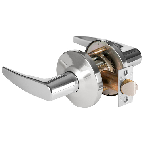 Grade 1 Exit Cylindrical Lock, Lost Motion, 16 Lever, L Rose, Non-Keyed, Bright Chrome Finish, 2-3/4" ANSI Strike, Non-handed Bright Chrome