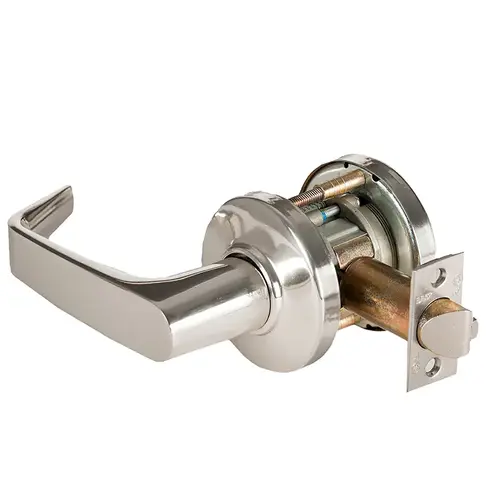 Grade 1 Exit Cylindrical Lock, Lost Motion, 15 Lever, C Rose, Non-Keyed, Bright Nickel Finish, 4-7/8" ANSI Strike, Non-handed Bright Nickel