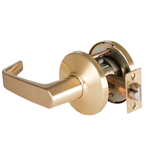 Grade 1 Exit Cylindrical Lock, Lost Motion, 15 Lever, D Rose, Non-Keyed, Satin Brass Finish, 4-7/8" ANSI Strike, Non-handed Satin Brass