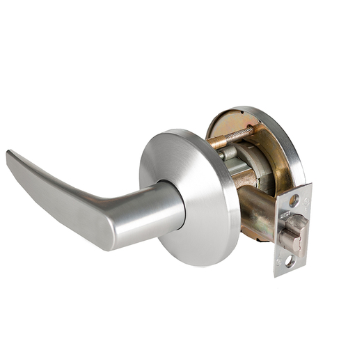 Grade 1 Closet Cylindrical Lock, Lost Motion, 16 Lever, L Rose, Non-Keyed, Satin Chrome Finish, 4-7/8" ANSI Strike, Non-handed Satin Chrome